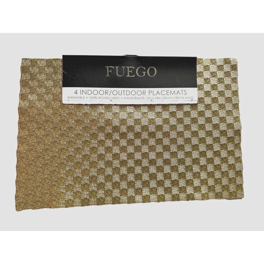 Fuego Squares Metallic Gold Woven Vinyl Placemats 12x18 Set of 4 Wipe Clean